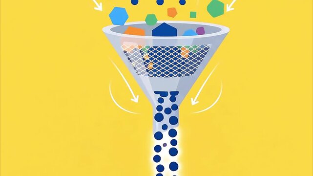 bright yellow background with a simple animated funnel graphic filtering dots downward Videos