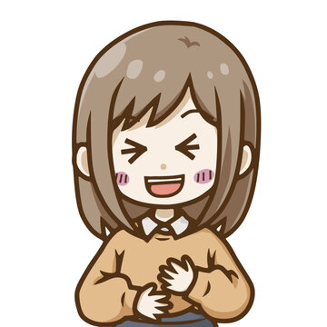 大笑いして喜ぶ女性・楽しいデフォルメキャラクターイラスト／Laughing happy woman with hands clasped &ndash; joyful deformed character vector illustration