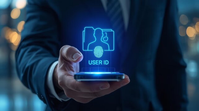 Businessman Showing Glowing Holographic User Id on Smartphone