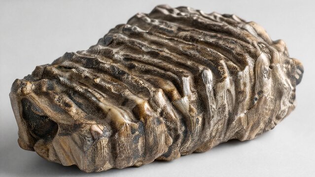 Close-up of a mammoth molar fossil with distinct ridges and texture.