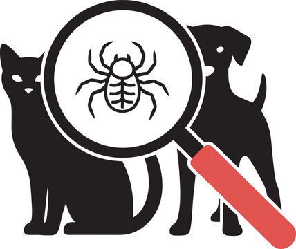 Pet Flea and Tick Inspection Concept with Cat Dog Silhouettes and Magnifying Glass Veterinary Illustration