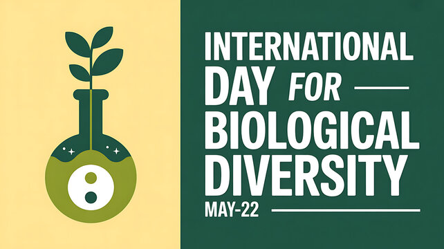 International day for biological diversity poster with plant growing in a beaker on yellow and green background