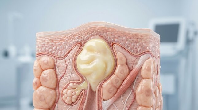 Detailed 3D anatomical model showing a cross-section of skin layers and a subcutaneous cyst or lesion.