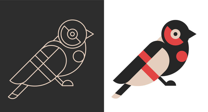 Abstract geometric vector illustration of small songbird or bullfinch standing on ground. Stylized profile view composed of circles and diagonal lines with bold red cheek and wing stripe accents.