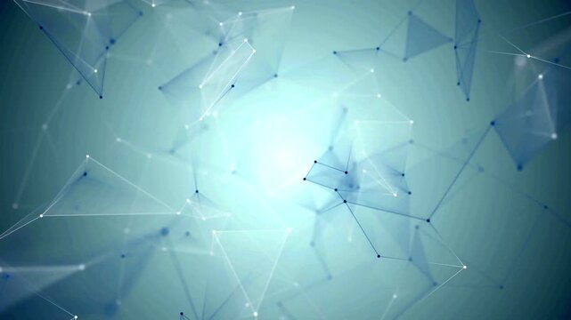 Plexus background featuring translucent 3D geometric shapes and network connections on light gray.