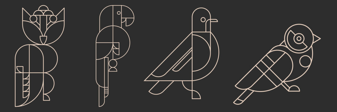 Abstract geometric birds linear vector illustration collection. Thin line art icons horizontal set featuring stylized owl, parrot, pigeon, and finch created from basic geometric shapes and circles.