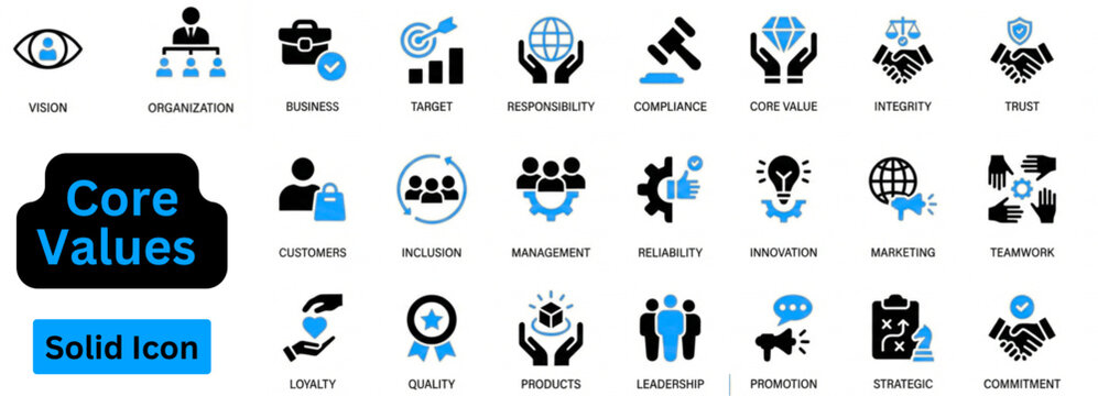 Core Values solid icon set. Core Values icon set. Core values and business ethics solid icon set. Contains symbols for Integrity, Agility, Sustainability, and Transparency. 