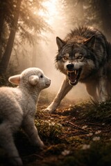 Fototapeta premium Wolf confronts lamb in forest.