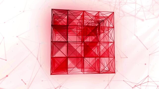 Geometric cube structure morphing through red lines and translucent polygonal mesh over white.