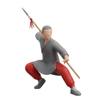 3D Render of a Shaolin Monk with a Spear in Combat Stance