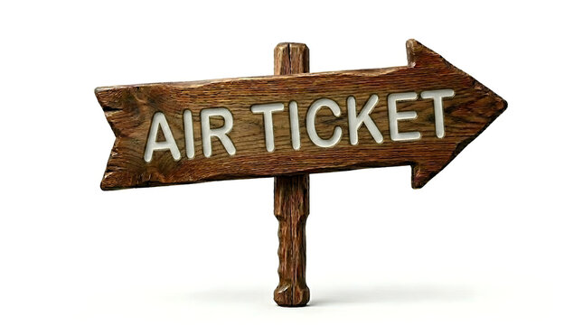 Wooden directional sign pointing to air ticket with ticket office direction airplane reservation vacation transportation aviation terminal destination departure business commerce signpost