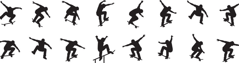 Fototapeta premium Skateboarder Silhouettes Performing Tricks and Jumps Collection for Extreme Sports and Urban Youth Culture Concept