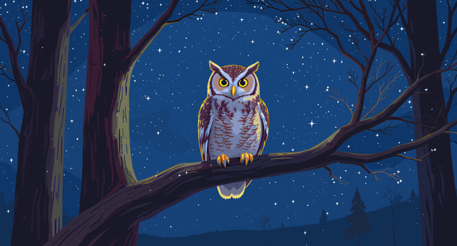 A majestic owl with bright yellow eyes perches on a dark tree branch under a starry night sky, surrounded by silhouetted trees.