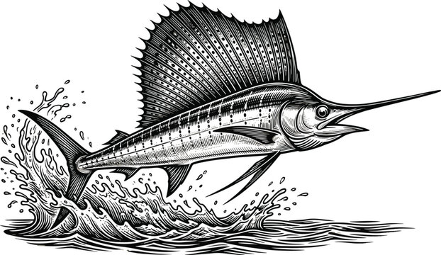 Detailed vintage engraving style vector illustration of a sailfish leaping out of ocean waves with a large dorsal fin and dynamic water splashes