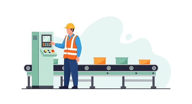 Factory worker operating machinery on a production line with boxes.