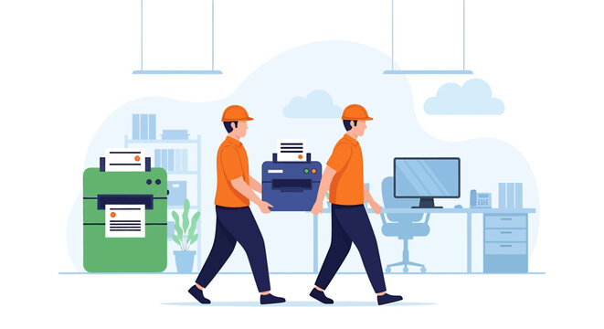 Two Delivery Men Carrying a New Printer in Office Environment.