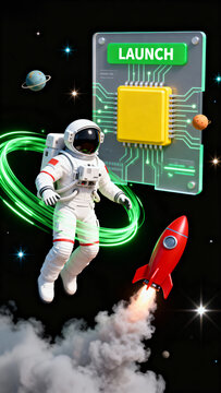 Astronaut with circuit board and rocket in space
