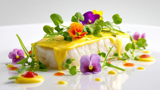 poached haddock with mustard sauce presentation