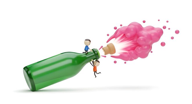 Small figures on a green bottle with exploding pink foam