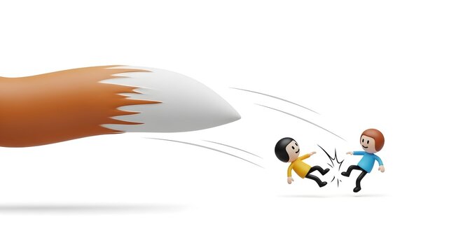 Large fox tail sweeping away two small cartoon figures