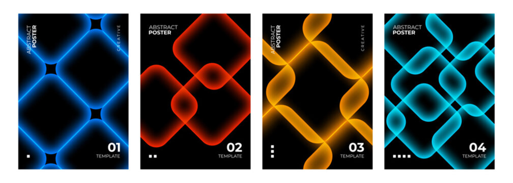 Set of Abstract Collection. Vibrant neon colored gradient rhombus shapes on black background. Creative graphic designs. Vector illustration.