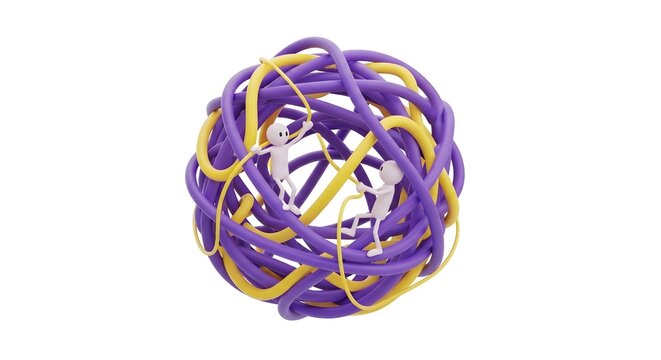 Two figures navigating a complex tangled ball of colored cables