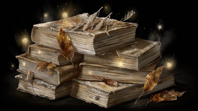 Stack of aged, weathered tomes rests on a dark background with glowing magical motes and dry foliage scattered about.