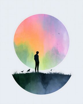 Standing man silhouette on grass cliff inside circular watercolor globe in pink orange green and purple on light gray background