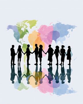 Group of diverse people silhouettes holding hands in front of colorful watercolor world map with reflection on white background