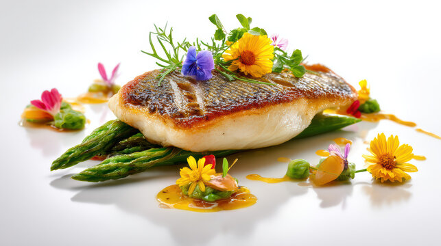 seared bream fillet with samphire and vibrant garnishes