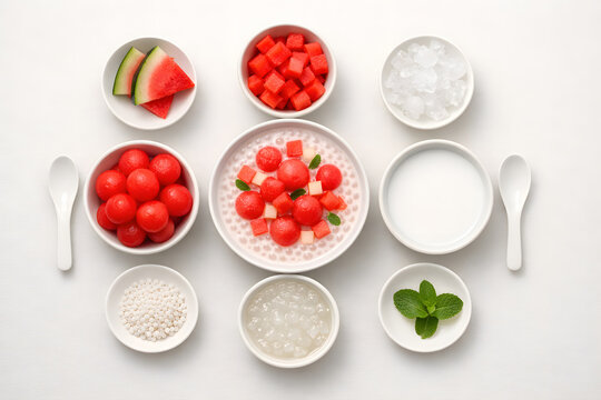 Overhead composition arranges watermelon sago dessert symmetrically emphasizing clean geometry and contemporary food styling balance