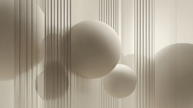 Smooth spherical forms float amidst vertical textured planes in muted tones