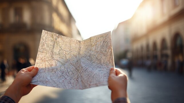 Close up of traveler hands holding paper map in colorful old european street, blurred city atmosphere in background, warm sunlight, spontaneous