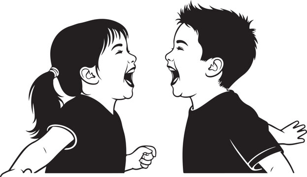Black and white of two children arguing kids shouting