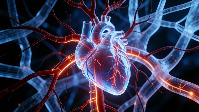 Human heart with blood vessels and neural pathways