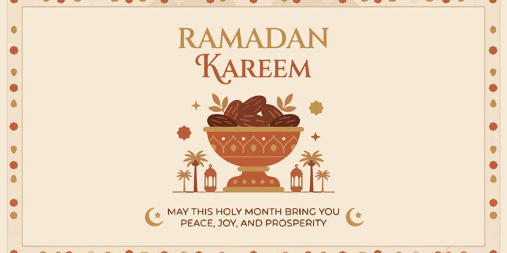 Ramadan Kareem greeting card banner template with dates fruit bowl. Islamic holy month celebration background with quote. Vector illustration.