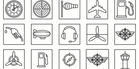 Aviation and airport line icon set, flight instruments and refueling symbols © Dimas