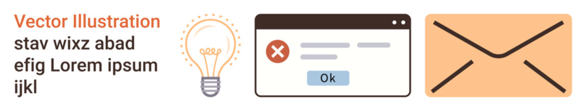 Technology, problem-solving, communication, innovation, alert systems, information exchange. Light bulb, alert window with error message envelope icon connectivity. Innovation and problem-solving