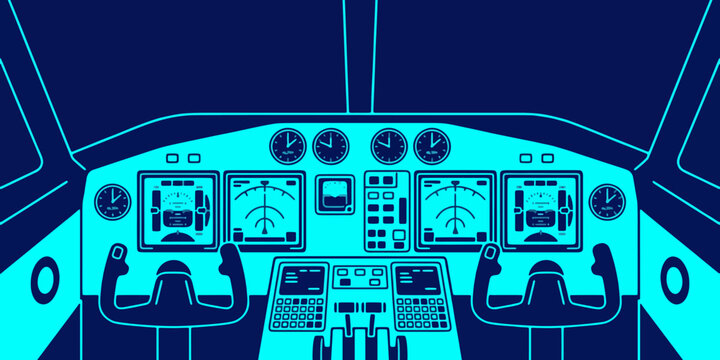 Airplane cockpit view with pilot instrument panel, aviation blueprint vector schematic