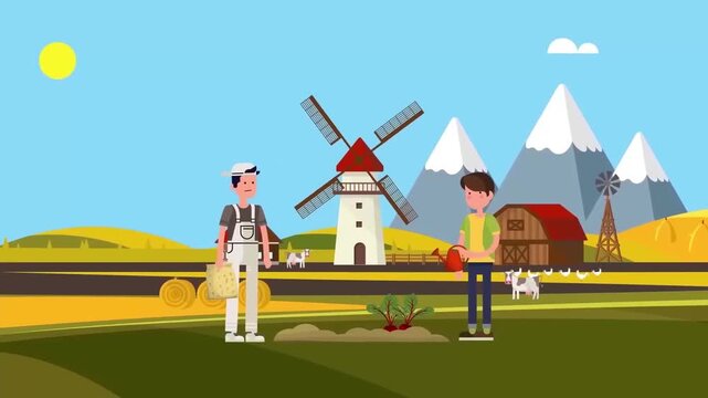 2D Animated Scene of a Male and Female Farmer Working in a Rural Field Near a Windmill, Agriculture and Countryside Concept