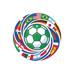 Obraz premium Soccer ball surrounded by international flags in a circular pattern.