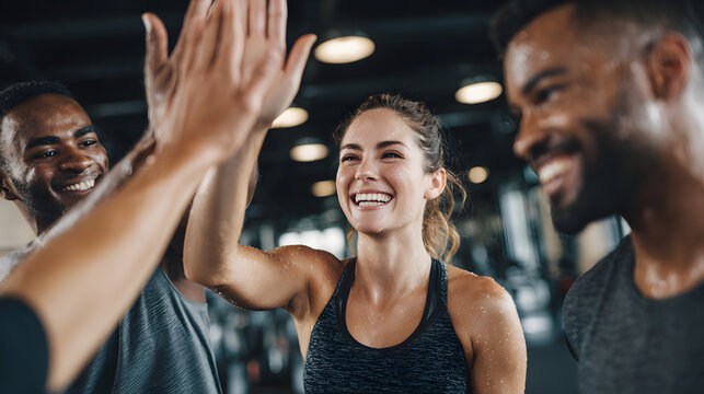 Young woman high five friends gym workout group fitness celebration smiling energetic after training