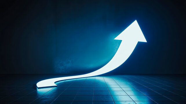 Glowing upward arrow on futuristic blue background representing business growth and success