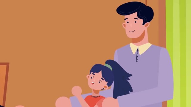 2D Animation of a Happy Mother Cradling a Newborn Baby in Bed, Motherhood and Early Parenting Concept