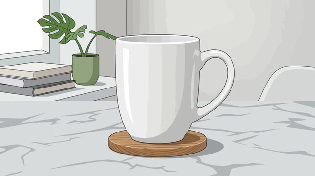 Modern Flat Vector Mockup Blank White Ceramic Mug on Marble Table, with Plant and Books by Window. Ideal for Product Branding, Lifestyle, Coffee, or Tea Design