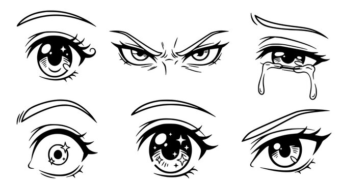 Six black and white anime style eyes vector illustration set for emotional expression designs