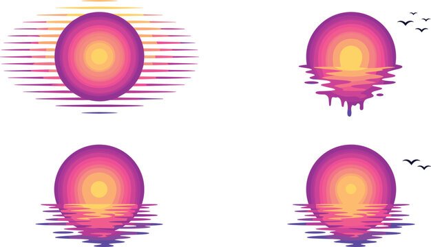 Retro Synthwave Sunset Icon Set with Vibrant Purple and Yellow Sun Reflection Ripples for Vaporwave and Summer Beach Travel Logo Designs