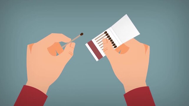 2D Animated Close-Up of Hands Striking and Lighting a Match from a Matchbox, Fire and Concept Metaphor