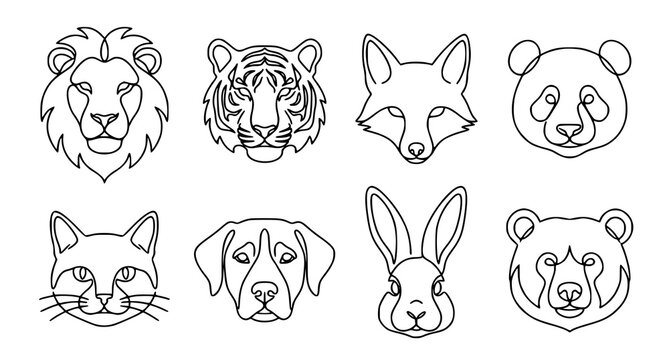 Minimalist line drawings of eight animal heads