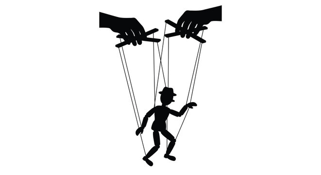 puppet controlled by hands black silhouette on white background